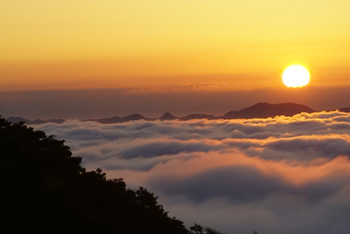 霧の街と呼ばれる三次市。秋から早春にかけての晴れた日の早朝に、霧の海（雲海）が見られます。写真は、岡田山からの景色。山頂は寒いので、防寒具は必需品。