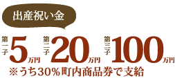 出産祝い金。第一子5万円、第二子20万円、第三子100万円。うち30％は町内商品券で支給