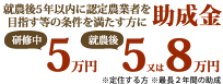 就農5年以内に諸条件を満たす方に助成金。研修中5万円、就農後5又は8万円