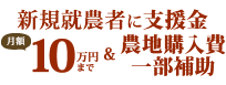 新規就農者に支援金。月額10万円まで＆農地購入費一部補助