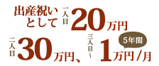 出産祝いとして一人目20万円、二人目30万円、三人目〜5歳まで1万円