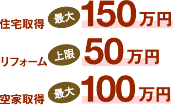 住宅取得最大150万円、リフォーム上限50万円、空家取得最大100万円