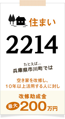 住まい2214 たとえば...兵庫県市川町では空き家を改修し、１０年以上活用する人に対し改修助成金最大２００万円