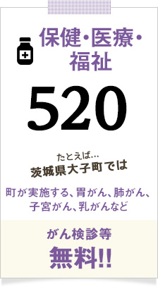 保健・医療・福祉520 たとえば...茨城県大子町では町が実施する、胃がん、肺がん、子宮がん、乳がんなどがん検診等無料