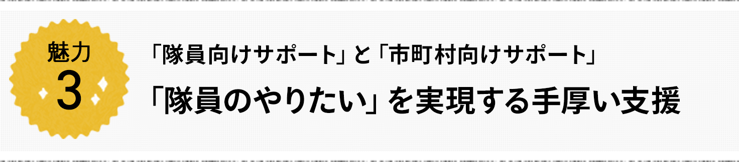 魅力3 「隊員向けサポート」と「市町村向けサポート」 「隊員のやりたい」を実現する手厚い支援