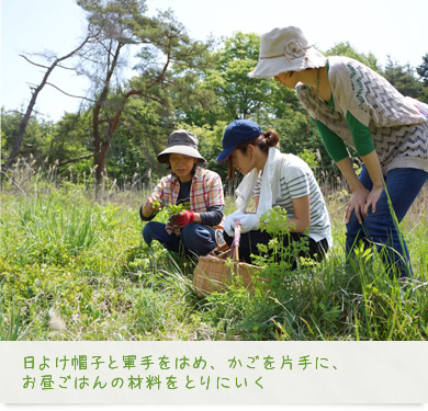 日よけ帽子と軍手をはめ、かごを片手に、お昼ごはんの材料をとりにいく