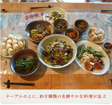 テーブルの上に、約８種類の色鮮やかな料理が並ぶ