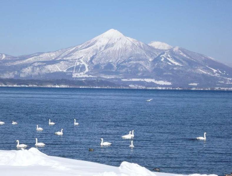 磐梯山・猪苗代湖と白鳥