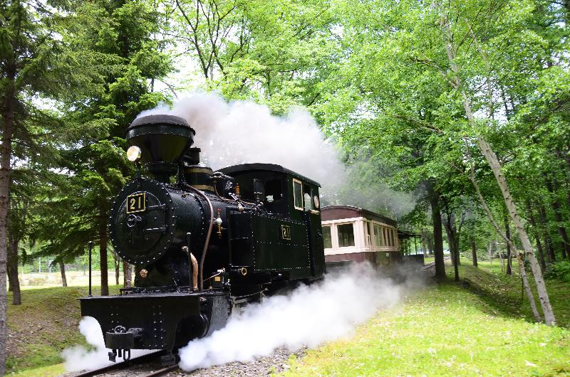 北海道遺産　森林鉄道蒸気機関車　雨宮21号。木材の運搬に活躍した蒸気機関車です。煙突からはモクモクと煙を上げ、足回りのピストンからは白い蒸気を出しながら、今ではいこいの森園内に敷設された２キロメートルの軌道を走ります。